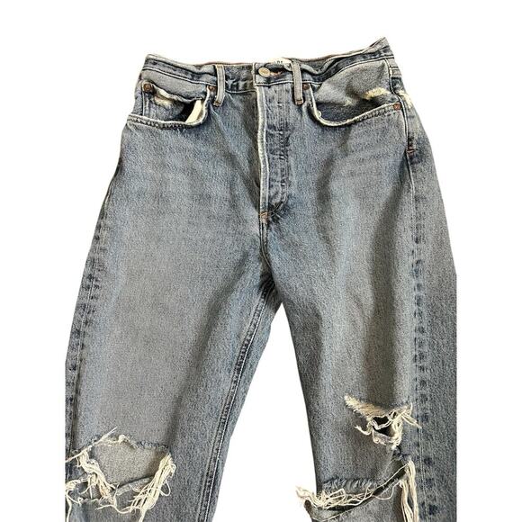 Agolde 90s High Rise Straight Jean Medium Indigo Knee Destruction Size 25 - Picture 3 of 13